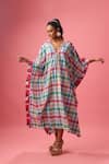 Nikasha_Multi Color 100% Pure Cotton Print Madras Checkered V Neck Kaftan _at_Aza_Fashions