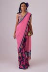 Buy_Nikasha_Pink 100% Georgette Print Stripe Blossom Scoop Neck Saree With Blouse _at_Aza_Fashions