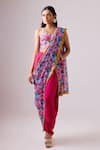 Buy_Nikasha_Pink 100% Kota Doriya Print Phoolista Sweetheart Neck Re-draped Dhoti Saree Set _at_Aza_Fashions