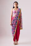 Nikasha_Pink 100% Kota Doriya Print Phoolista Sweetheart Neck Re-draped Dhoti Saree Set _Online_at_Aza_Fashions