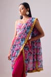 Buy_Nikasha_Pink 100% Kota Doriya Print Phoolista Sweetheart Neck Re-draped Dhoti Saree Set _Online_at_Aza_Fashions