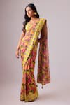 Buy_Nikasha_Yellow 100% Pure Georgette Print Phool Bagh Round Neck Saree With Blouse _at_Aza_Fashions