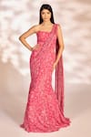 Buy_Kiyohra_Pink Lurex Georgette Printed Floral Quinn Fishtail Pre-draped Saree With Blouse _at_Aza_Fashions