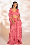 Buy_Kiyohra_Pink Lurex Georgette Printed Floral Cape Open Nat Flared Pant Set _at_Aza_Fashions