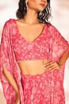 Shop_Kiyohra_Pink Lurex Georgette Printed Floral Cape Open Nat Flared Pant Set _at_Aza_Fashions