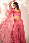 Buy_Kiyohra_Pink Lurex Georgette Printed Floral Cape Open Nat Flared Pant Set _Online_at_Aza_Fashions