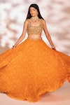 Shop_Kiyohra_Orange Net Printed Flower Square Neck Skirt Set _Online_at_Aza_Fashions