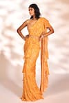 Buy_Kiyohra_Orange Dupion Crepe Printed Floral Cutwork Vierra Ruffle Saree With Blouse _at_Aza_Fashions