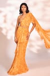 Shop_Kiyohra_Orange Dupion Crepe Printed Floral Cutwork Vierra Ruffle Saree With Blouse _Online_at_Aza_Fashions