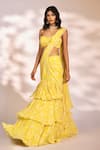 Buy_Kiyohra_Yellow Georgette Printed Botanical Leona Pre-draped Saree With Blouse _Online_at_Aza_Fashions