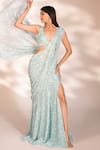 Kiyohra_Blue Lurex Georgette Printed Floral Vine V Bella Pre-draped Saree With Blouse _at_Aza_Fashions