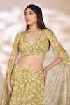 Shop_Kiyohra_Green Lurex Georgette Printed Floral Cape Open Cora Lehenga Set _at_Aza_Fashions