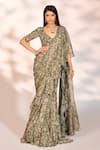 Buy_Kiyohra_Green Lurex Georgette Printed Floral V Neck Ruffle Saree With Blouse _at_Aza_Fashions