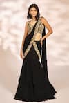 Buy_Kiyohra_Black Georgette Embroidery Zardozi Floral Border Pre-draped Saree With Blouse _at_Aza_Fashions