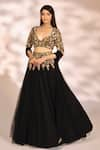 Buy_Kiyohra_Black Net Embroidery Zardozi Sweetheart Neck Floral Waistband Lehenga Set _at_Aza_Fashions