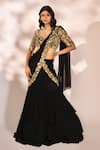 Buy_Kiyohra_Black Net Embroidery Zardozi Leaf Floral Border Pre-draped Saree With Blouse _at_Aza_Fashions