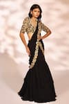 Buy_Kiyohra_Black Net Embroidery Zardozi Leaf Floral Border Pre-draped Saree With Blouse _Online_at_Aza_Fashions