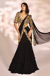 Shop_Kiyohra_Black Net Embroidery Zardozi Leaf Floral Border Pre-draped Saree With Blouse _Online_at_Aza_Fashions