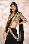 Shop_Kiyohra_Black Net Embroidery Zardozi Leaf Floral Border Pre-draped Saree With Blouse _at_Aza_Fashions