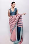 Buy_Bihart_Blue Wild Silk Stripe V Neck Rangsaaz Pattern Saree With Blouse _at_Aza_Fashions