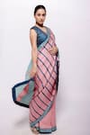 Bihart_Blue Wild Silk Stripe V Neck Rangsaaz Pattern Saree With Blouse _Online_at_Aza_Fashions