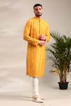 Buy_Mayank Modi - Men_Yellow Silk Chanderi Embellished Gota Lace Kurta With Churidar _at_Aza_Fashions