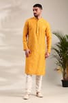 Shop_Mayank Modi - Men_Yellow Silk Chanderi Embellished Gota Lace Kurta With Churidar 