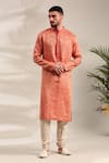 Buy_Mayank Modi - Men_Orange Linen Jacquard Floral Woven Straight Kurta With Churidar _at_Aza_Fashions