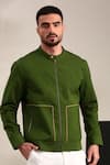 Buy_Mayank Modi - Men_Green Malai Cotton Solid Piping Detailed Bomber Jacket _at_Aza_Fashions