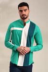 Buy_Mayank Modi - Men_Green Malai Cotton Geometric Panelled Shirt _at_Aza_Fashions