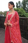 Bandhani_Red Silk, Georgette Embroidery, Gota Patti Bandhani Jacket Crushed Lehenga Set _Online_at_Aza_Fashions