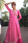 Bandhani_Pink Silk Embroidered Cutdana V Neck Anagarkha Anarkali _Online_at_Aza_Fashions