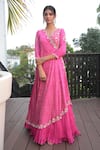 Buy_Bandhani_Pink Silk Embroidered Cutdana V Neck Anagarkha Anarkali _at_Aza_Fashions