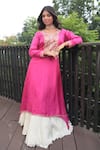 Buy_Bandhani_Pink Silk Embroidered Zardosi V Neck High Low Kurta _Online_at_Aza_Fashions