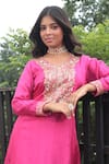 Shop_Bandhani_Pink Silk Embroidered Zardosi V Neck High Low Kurta _Online_at_Aza_Fashions