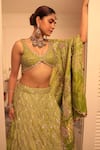 Buy_Bandhani_Green Silk Print Bandhani Plunge V-neck Bridal Lehenga Set _Online_at_Aza_Fashions