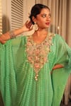 Bandhani_Green Pure Georgette Print Checks Leaf Floral Zardosi Embroidered Kaftan _Online_at_Aza_Fashions