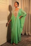 Shop_Bandhani_Green Pure Georgette Print Checks Leaf Floral Zardosi Embroidered Kaftan _at_Aza_Fashions