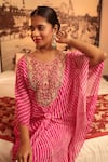 Bandhani_Pink Pure Georgette Print Checks Floral Zardosi Embroidered Asymmetric Kaftan _Online_at_Aza_Fashions