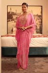 Buy_Bandhani_Pink Pure Georgette Print Checks Floral Zardosi Embroidered Asymmetric Kaftan _at_Aza_Fashions