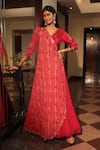 Buy_Bandhani_Red Silk Print Mirror V-neck Embroidered Angarkha Style Anarkali _at_Aza_Fashions