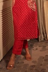 Bandhani_Red Silk Print Zardosi Notched Embroidered Straight Kurta With Pant _Online_at_Aza_Fashions