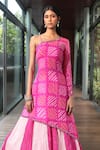 Bandhani_Pink Silk Print Mirror Asymmetric Embroidered Kalidar Lehenga With Kurta _Online_at_Aza_Fashions