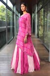 Shop_Bandhani_Pink Silk Print Mirror Asymmetric Embroidered Kalidar Lehenga With Kurta _Online_at_Aza_Fashions