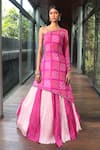 Buy_Bandhani_Pink Silk Print Mirror Asymmetric Embroidered Kalidar Lehenga With Kurta _at_Aza_Fashions