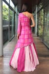 Shop_Bandhani_Pink Silk Print Mirror Asymmetric Embroidered Kalidar Lehenga With Kurta _at_Aza_Fashions