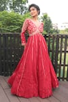 Buy_Bandhani_Red Silk Embroidered Zardozi V-neck Floral Work Anarkali _at_Aza_Fashions