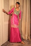 Buy_Bandhani_Pink Silk Embroidered Gotta Patti V-neck Bandhai Print Kurta With Sharara _at_Aza_Fashions