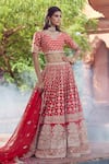 Shop_Azeera_Red Embroidered Floral Broad Leaf Neck Lavanya Bridal Lehenga Set _at_Aza_Fashions