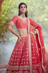 Azeera_Red Embroidered Floral Broad Leaf Neck Lavanya Bridal Lehenga Set _at_Aza_Fashions